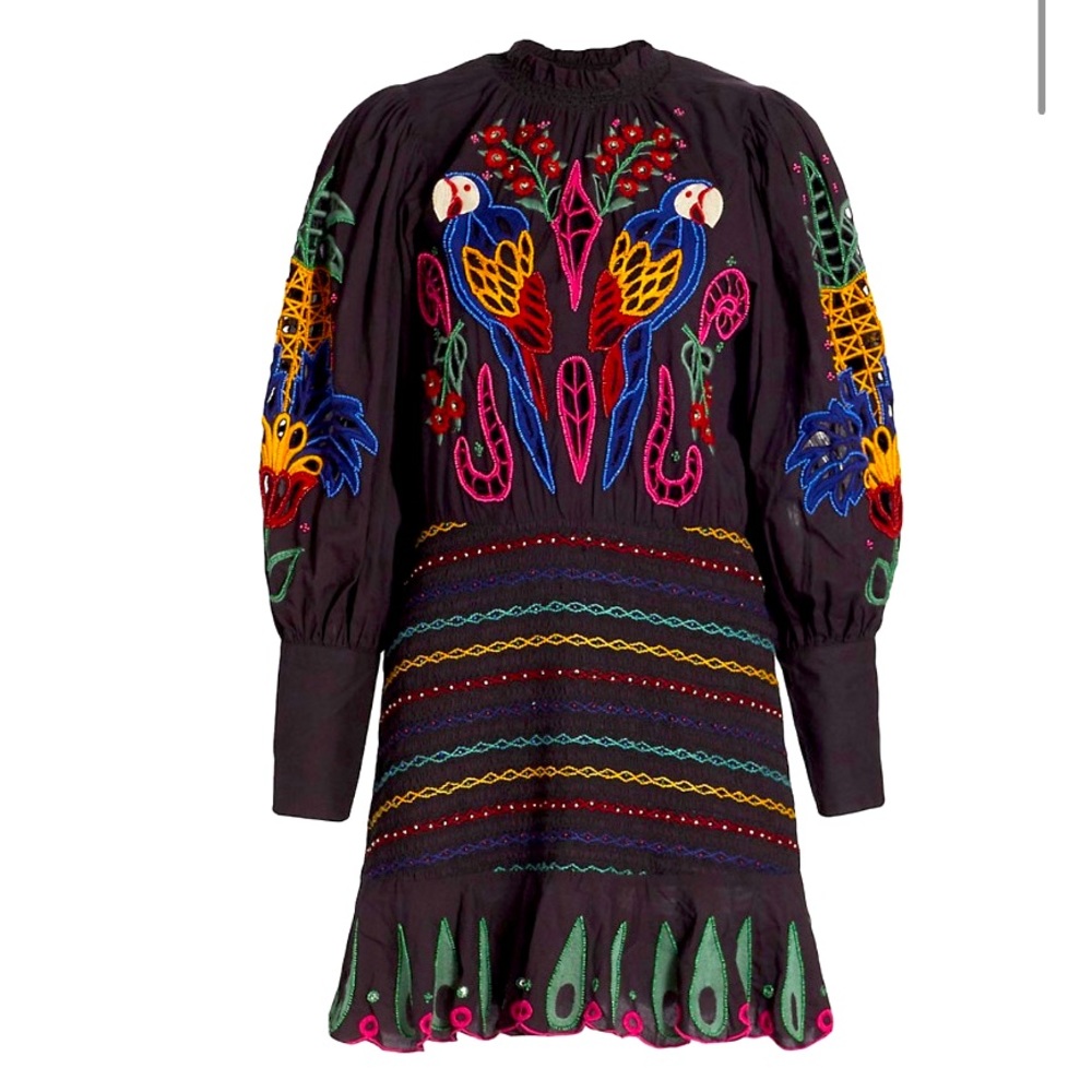 Farm Rio black tapestry dress with beaded parrots 🥝🌼🦜